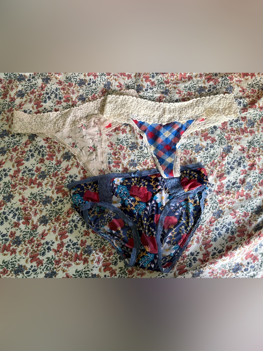 Floral & Plaid Bikini Panty Set - Navy, Cream & Multicolor
